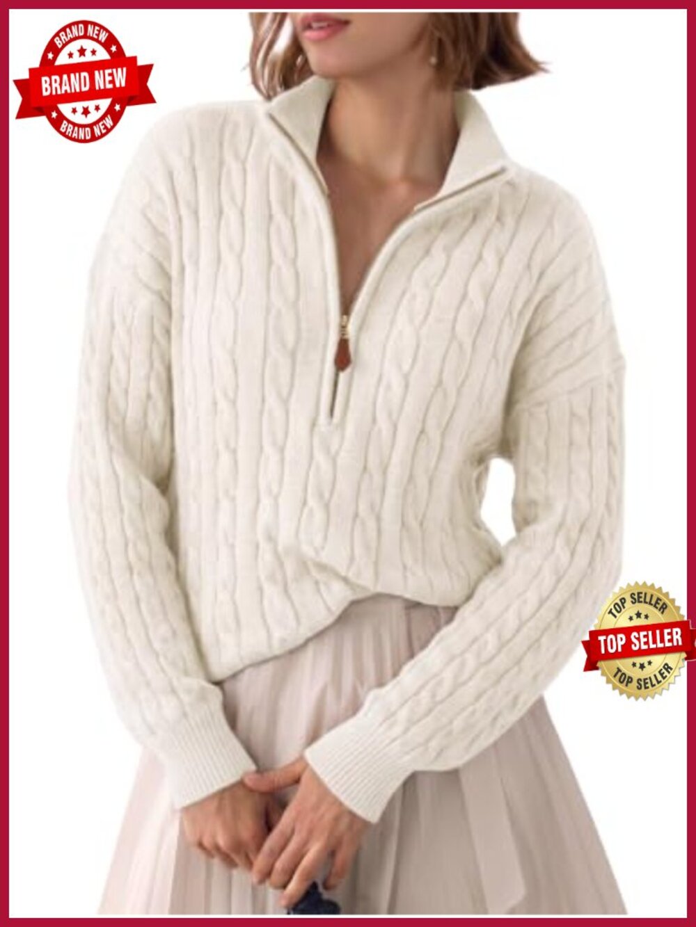 Fisoew Womens Quarter Zip Ribbed Cable Knit Sweater Pullover
